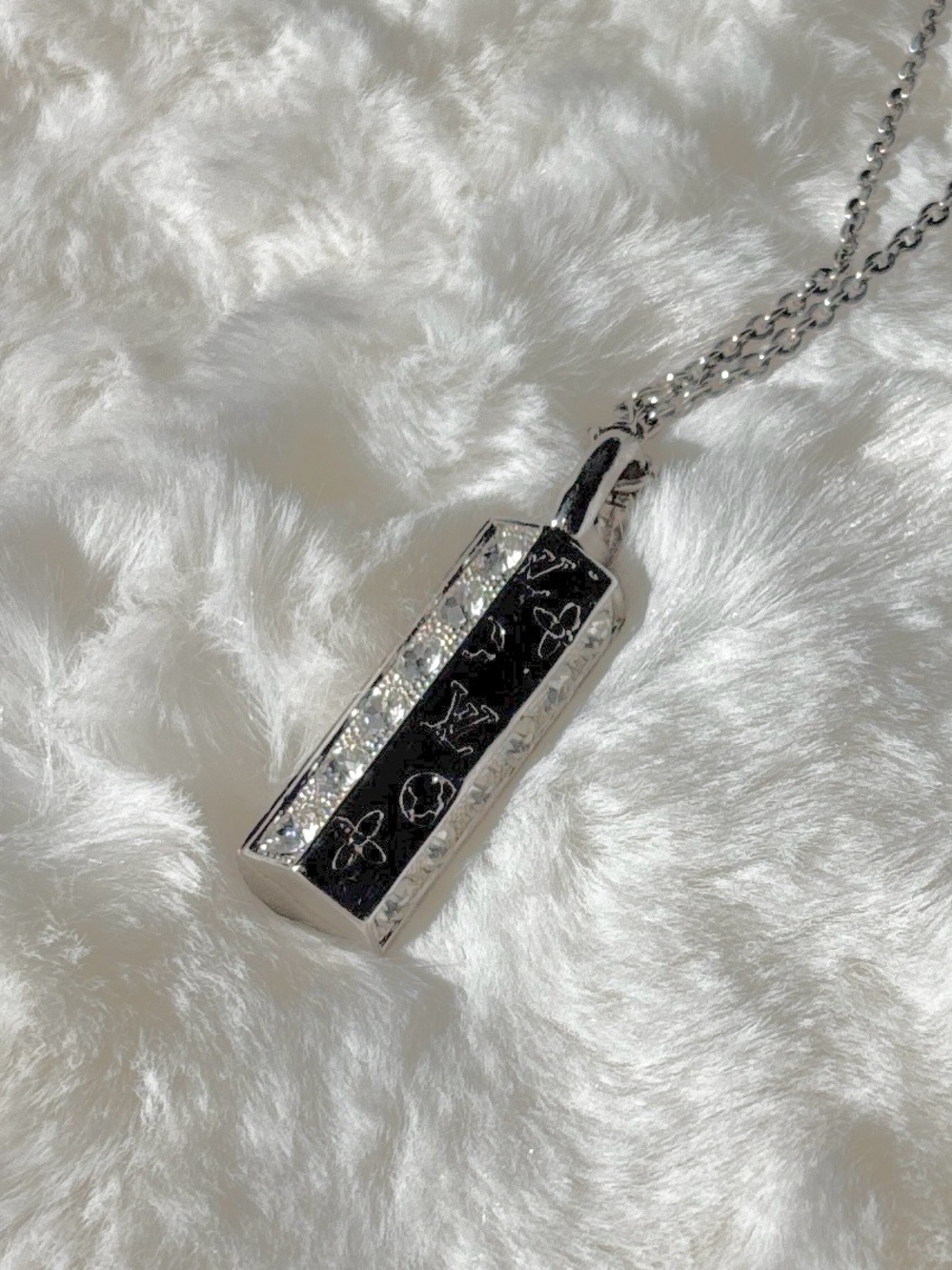 Silver Bar Pendant Necklace with Black Inlay LV and crystals
